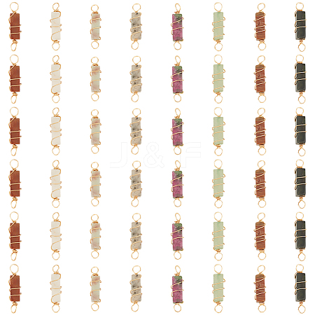 48Pcs 8 Colors Natural Mixed Gemstone Brass Wire Wrapped Column Connector Charms PALLOY-HY00042-1