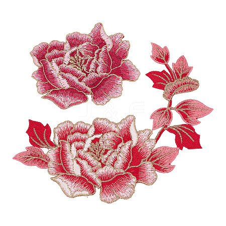  2Pcs 2 Style Peony Polyester Embroidery Sew on Clothing Patches PATC-NB0001-11D-1