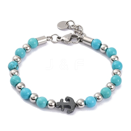 Synthetic Turquoise & Synthetic Magnetic Hematite Anchor Beaded Bracelet BJEW-P339-01P-05-1