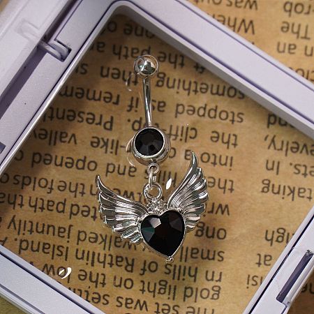 304 Stainless Steel Pave Black Cubic Zirconia Curved Barbell Dangle Belly Rings FS-WG77A7D-01-1