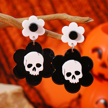 Acrylic Skull with Flower Dangle Stud Earrings WT8083-1