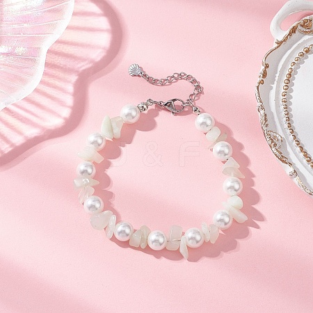 Natural New Jade Chip & Glass Shell Round Beaded Bracelets BJEW-JB12317-02-1