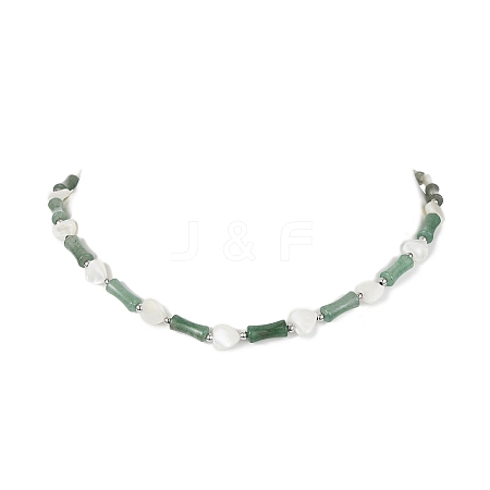 Natural Shell Heart & Green Aventurine Bamboo Beaded Necklace NJEW-TA00123-1