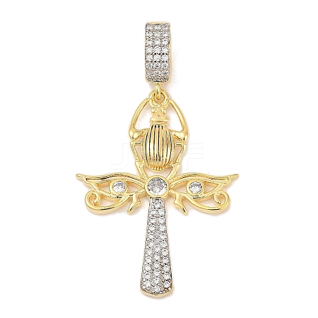 Brass Micro Pave Clear Cubic Zirconia Egyptian Ankh Cross Beetle European Dangle Charms KK-U058-47G-1