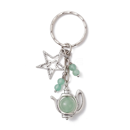 Star & Teapot Matural Green Aventurine Keychain HJEW-JM02038-1