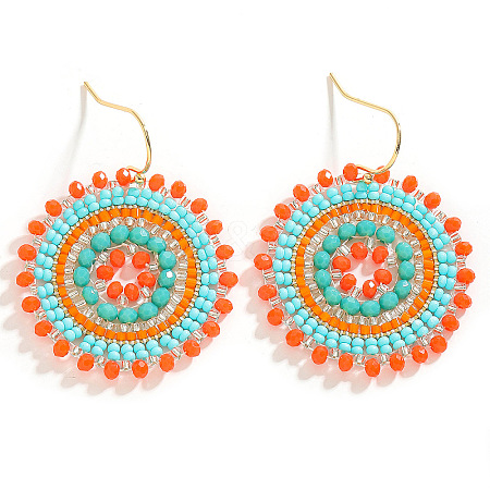 Bohemian Flat Round Iron Glass Seed Beads Dangle Earrings FS-WG46224-02-1