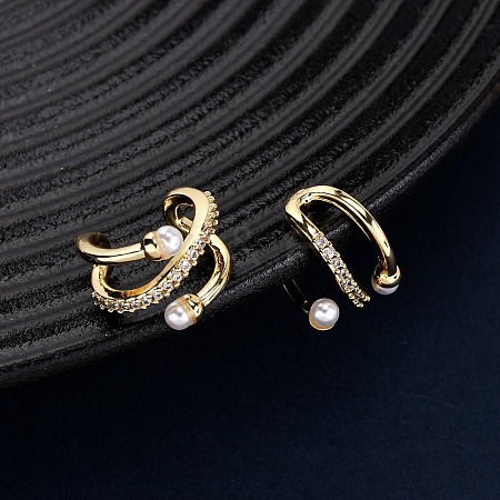 Brass Micro Pave Clear Cubic Zirconia C-Shaped Cuff Earrings EJEW-D328-08G-1