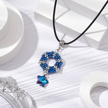 3D Hexagon Seed Beads & Star Glass Pendant Necklaces NJEW-MZ00063-1