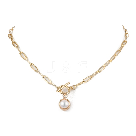 Round Natural Freshwater Pearl Copper Wire Wrapped Pendant Necklaces NJEW-JN04948-1