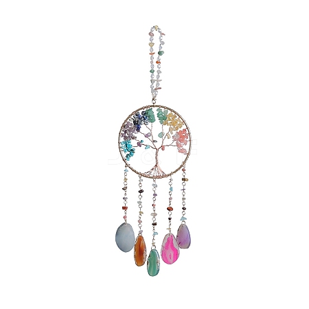 7 Chakra Copper Wire Wrapped Natural & Synthetic Mixed Stone Chips Tree of Life Suncatchers HJEW-F027-06-1