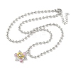 Brass Pave Pink and Clear Cubic Zirconia with Enamel Flower Pendant Ball Chain Necklaces NJEW-G183-04P-4