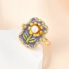 Flower Pattern Brass Enamel & Natural Freshwater Pearl Open Cuff Rings for Women RJEW-G342-01G-01-2