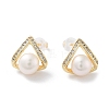 Triangle Natural Pearl Ear Studs with Brass Micro Pave Cubic Zirconia and 925 Sterling Silver Pins EJEW-P256-85G-1