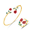 Camellia Flower Brass Enamel Cuff Bangles & Rings Sets for Women WGC9600-01-3