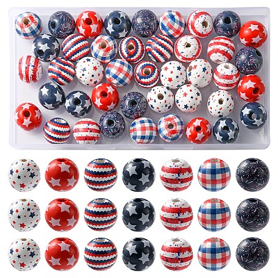 42Pcs 7 Styles Independence Day Theme Schima Wood Beads WOOD-FS0001-01-1