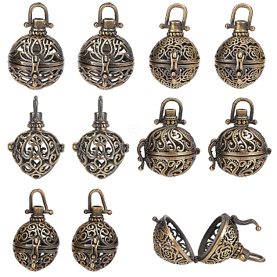 10Pcs 5 Styles Round Brass Hollow Cage Pendants KK-SC0003-05-1