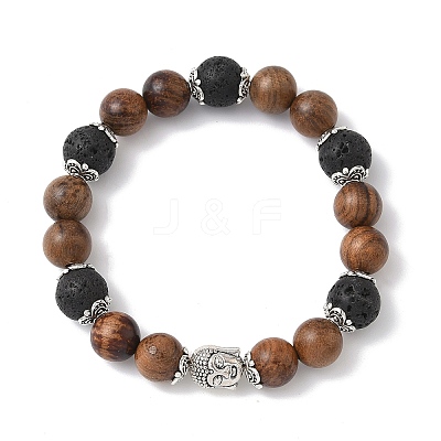 Natural Wood & Lava Rock Round Beads Stretch Bracelets BJEW-JB12353-03-1
