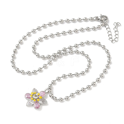 Brass Pave Pink and Clear Cubic Zirconia with Enamel Flower Pendant Ball Chain Necklaces NJEW-G183-04P-1