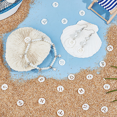 24Pcs 12 Styles 12 Constellation Natural Freshwater Shell Hollower Flat Round Charms SHEL-BBC0001-12-1