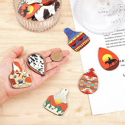 32Pcs 8 Style Single Face Printed Basswood Big Pendants WOOD-CA0001-61-1