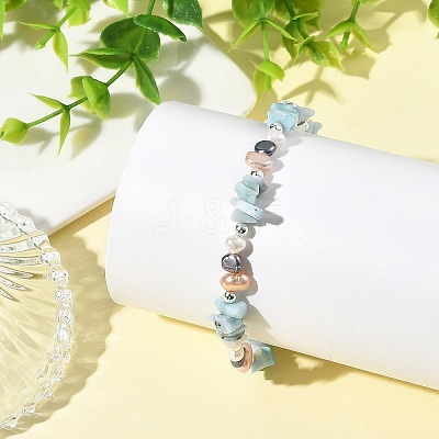 Natural Larimar Chip Beads & Cultured Freshwater Pearl Beaded Bracelets for Women BJEW-JB14215-1