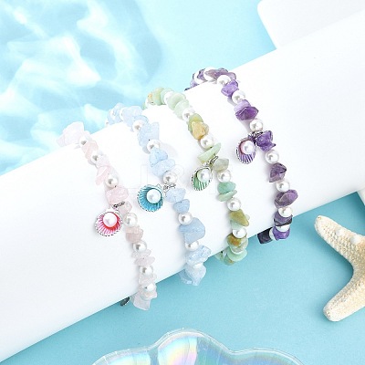 4Pcs 4 Styles Alloy Enamel Shell Shape Charm White Round Shell Pearl & Natural Rose Quartz & Flower Amazonite & Dyed Aquamarine & Amethyst Chip Beaded Anklets AJEW-AN00734-1