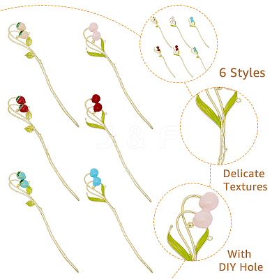 6Pcs 6 Style Strawberry & Cherry Alloy Enamel Hair Sticks OHAR-FH0001-11-1