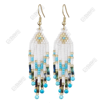 Woven Seed Beads & Natural Magnesite Tassel Dangle Earrings EJEW-FS00068-1