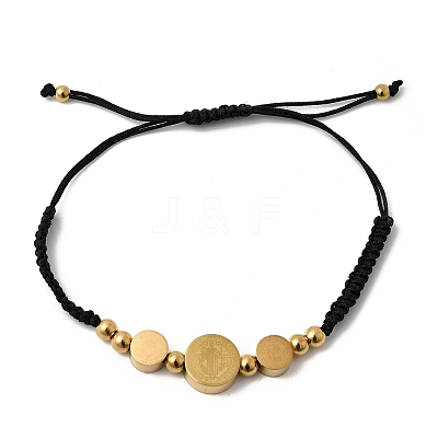 Adjustable 304 Stainless Steel Flat Round with Saint Benedict Braided Bead Bracelets for Women BJEW-K295-03G-02-1