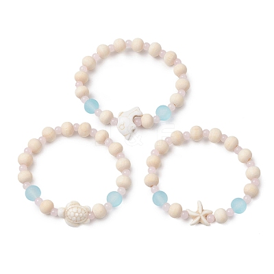 3 Pcs Synthetic Turquoise & Wood & Glass Beaded Stretch Bracelets for Boys Girls BJEW-JB11129-1