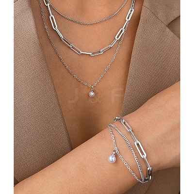 3-Layer 304 Stainless Steel Oval Link Chain Necklaces & Bracelets Sets FS-WGE493C-02-1