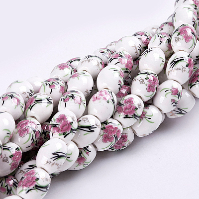 Handmade Flower Printed Porcelain Ceramic Beads Strands PORC-J006-D08-1