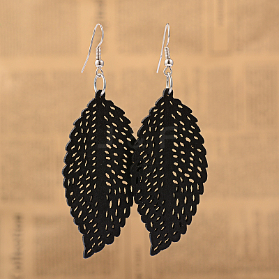 Cute Design Filigree Leaf Wood Dangle Earrings EJEW-I179-08-1