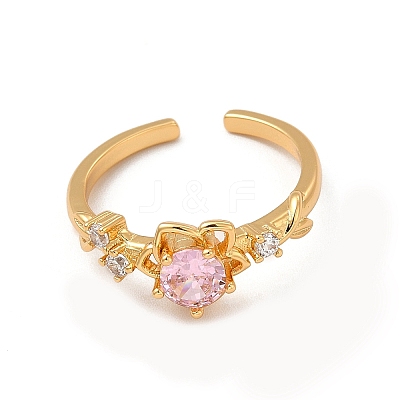 Pink Cubic Zirconia Flower of Life Open Cuff Ring RJEW-C048-09G-1