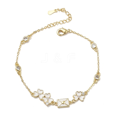 Brass Pave Clear Cubic Zirconia Clover Envelope Link Bracelets KK-CBA6980-18G-1