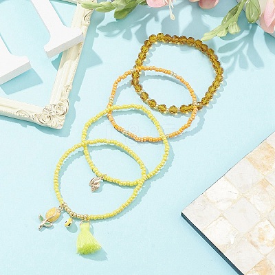 4Pcs 4 Style Evil Eye Valentine's Theme Alloy Enamel & Polycotton(Polyester Cotton) Tassel Charm Bracelets Set BJEW-JB09618-04-1