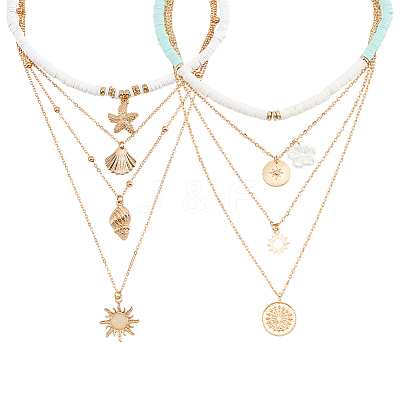6Pcs 6 Style Sun & Flower & Shell Shape Pendant Alloy Multi Layered Necklaces Sets NJEW-AN0001-37-1