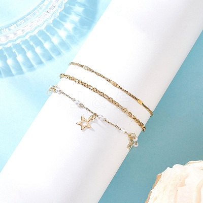 Round ABS Imitation Pearl Beaded Chains & 304 Stainless Steel Cable Chains Stackable Bracelets for Women BJEW-JB12452-02-1