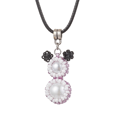 Glass Seed Beads & Glass Pearl Round Beaded Bear Pendant Waxed Cotton Cord Necklaces for Women Men NJEW-MZ00126-02-1