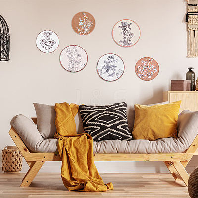 6Pcs Bohemian Theme Wooden Flat Eound with Flower Wall-mounted DIY-WH0899-480-1