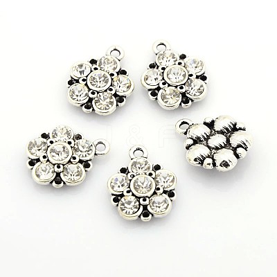 Antique Silver Plated Alloy Rhinestone Flower Pendants ALRI-N016-05-1