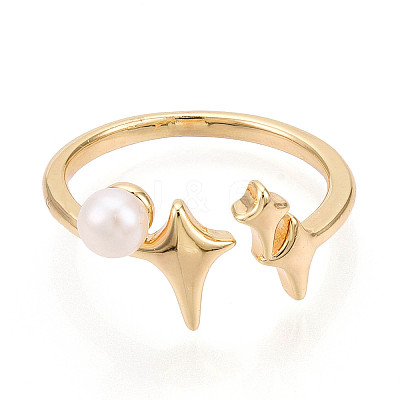 Brass & Natural Pearls Adjustable Open Cuff Rings for Women PEAR-N020-07I-1