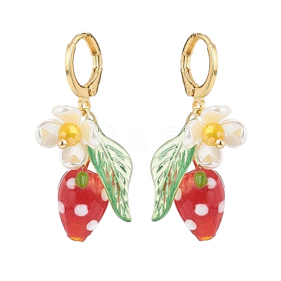 Lampwork Strawberry with Plastic Pearl Flower Dangle Leverback Earring X-EJEW-TA00130-1