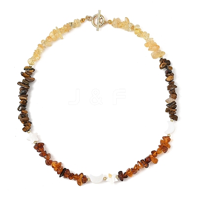 Natural Amber & Tiger Eye & Heated Citrine Chip Beaded Necklaces NJEW-JN06680-1