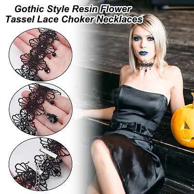 4Pcs Gothic Style Resin Flower Tassel Lace Choker Necklaces NJEW-UN0001-60-1