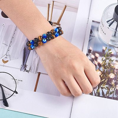 Natural Obsidian & Tiger Eye & Evil Eye Lampwork Braided Bead Bracelet BJEW-SW00001-20-1