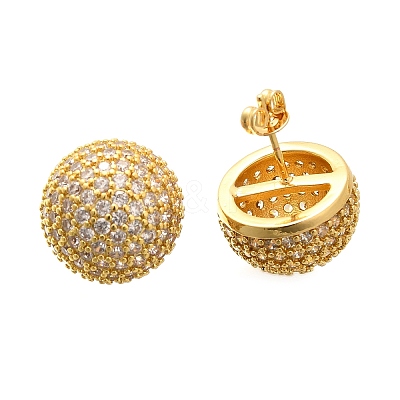 Half Round Brass Micro Pave Clear Cubic Zirconia Stud Earrings EJEW-C126-05G-1