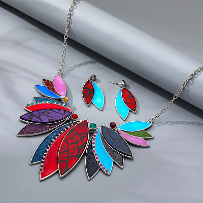 Leaf Alloy with Imitation Leather Pendant Necklace & Stud Dangle Earring FS-WGFF9DD-04-1