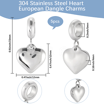 5Pcs 304 Stainless Steel European Dangle Charms STAS-BBC0007-89-1