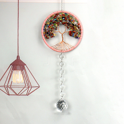 Tree of Life Mixed Gemstone Chip Suncatcher DJEW-PW0017-07-1